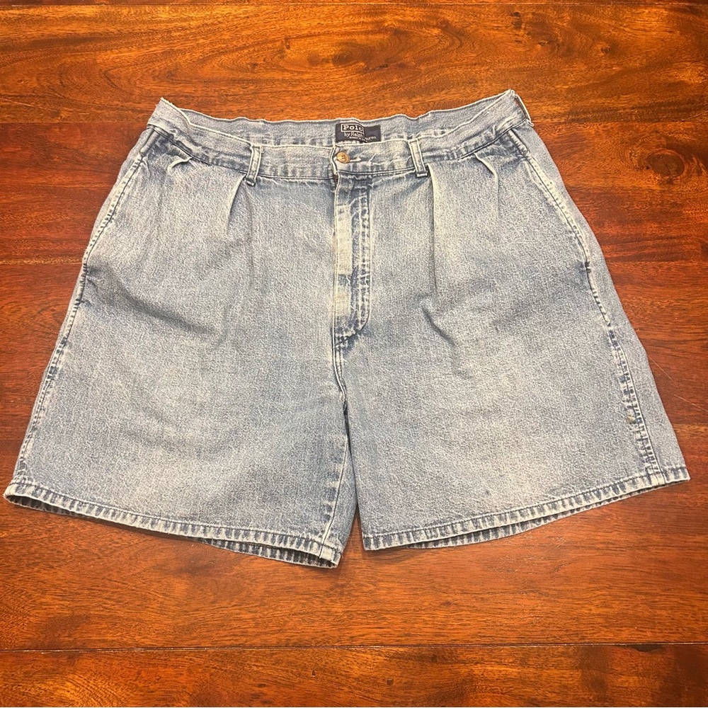 Mens 36 Vintage Polo by Ralph Lauren Pleated Denim Jean Shorts Med Wash 90s